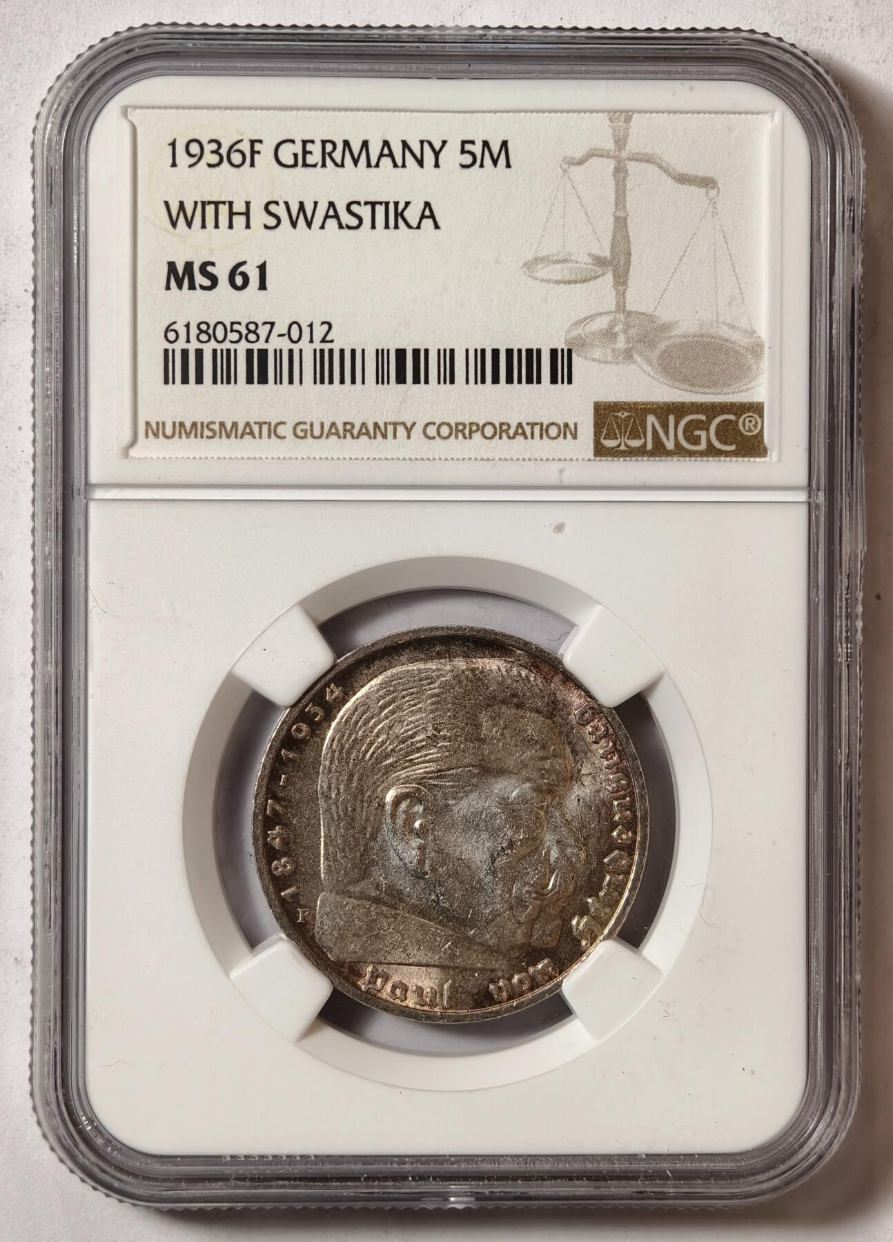 紫瑗钱币——第420期 德国 1936年 F版 兴登堡 字符 5马克 银币 NGC MS61