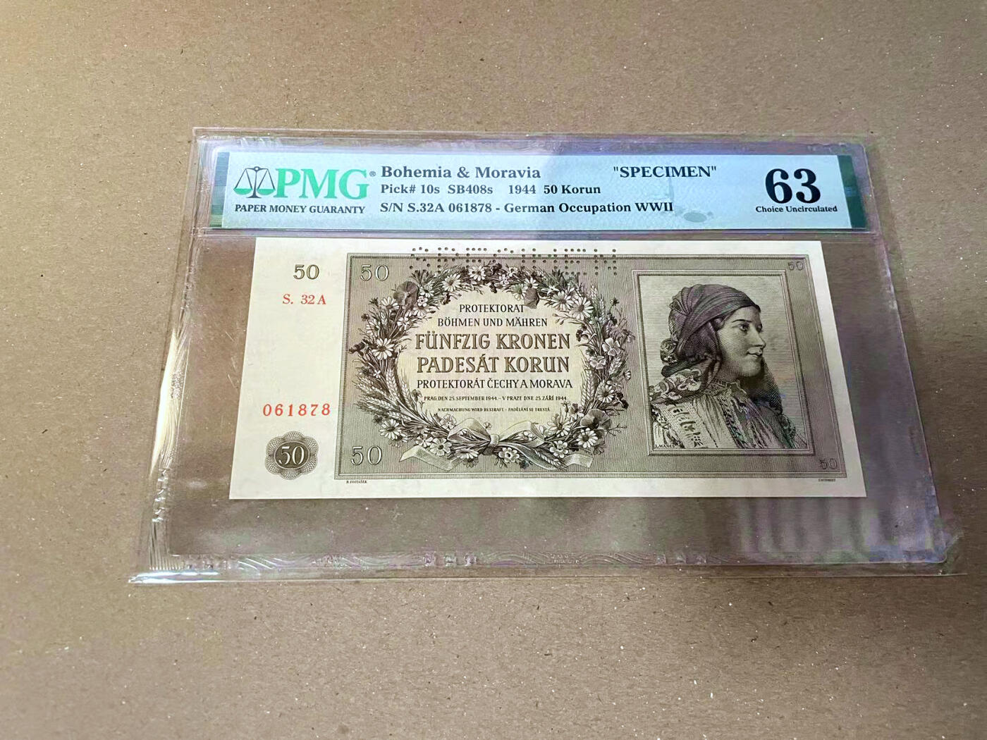 【Blue Auction】✨世界纸币精拍第475期【精】 波西米亚 1944年50克朗 样钞 设计精美 PMG63 