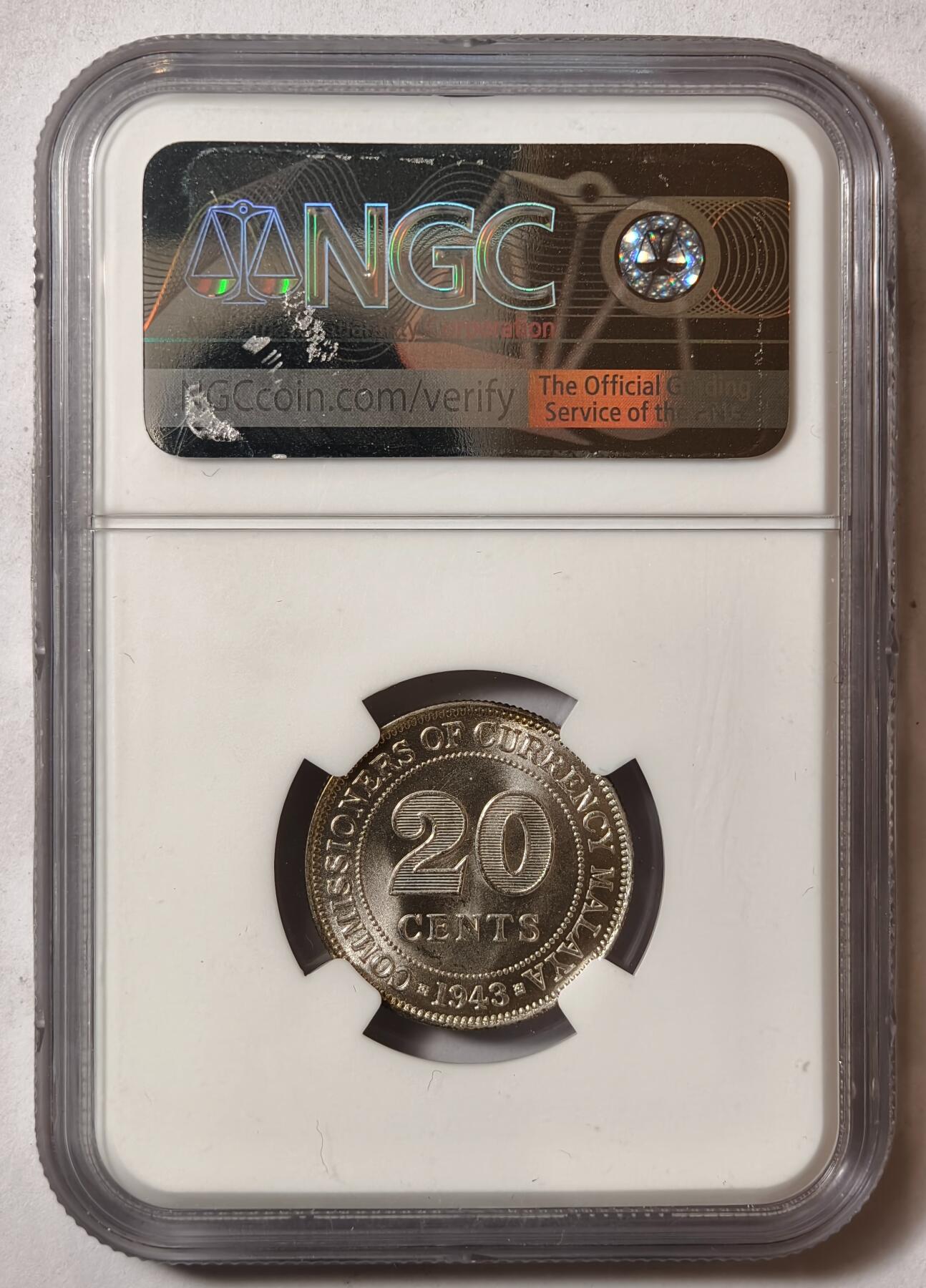 紫瑗钱币——第420期 马来亚 1943年 乔治六世 20分 银币 NGC MS62