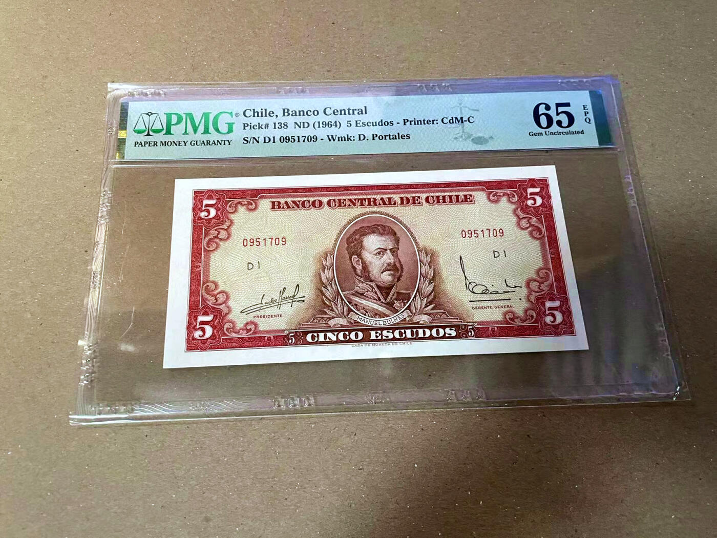 【Blue Auction】✨世界纸币精拍第475期【精】 智利 1964年5埃斯库多 PMG65EPQ 