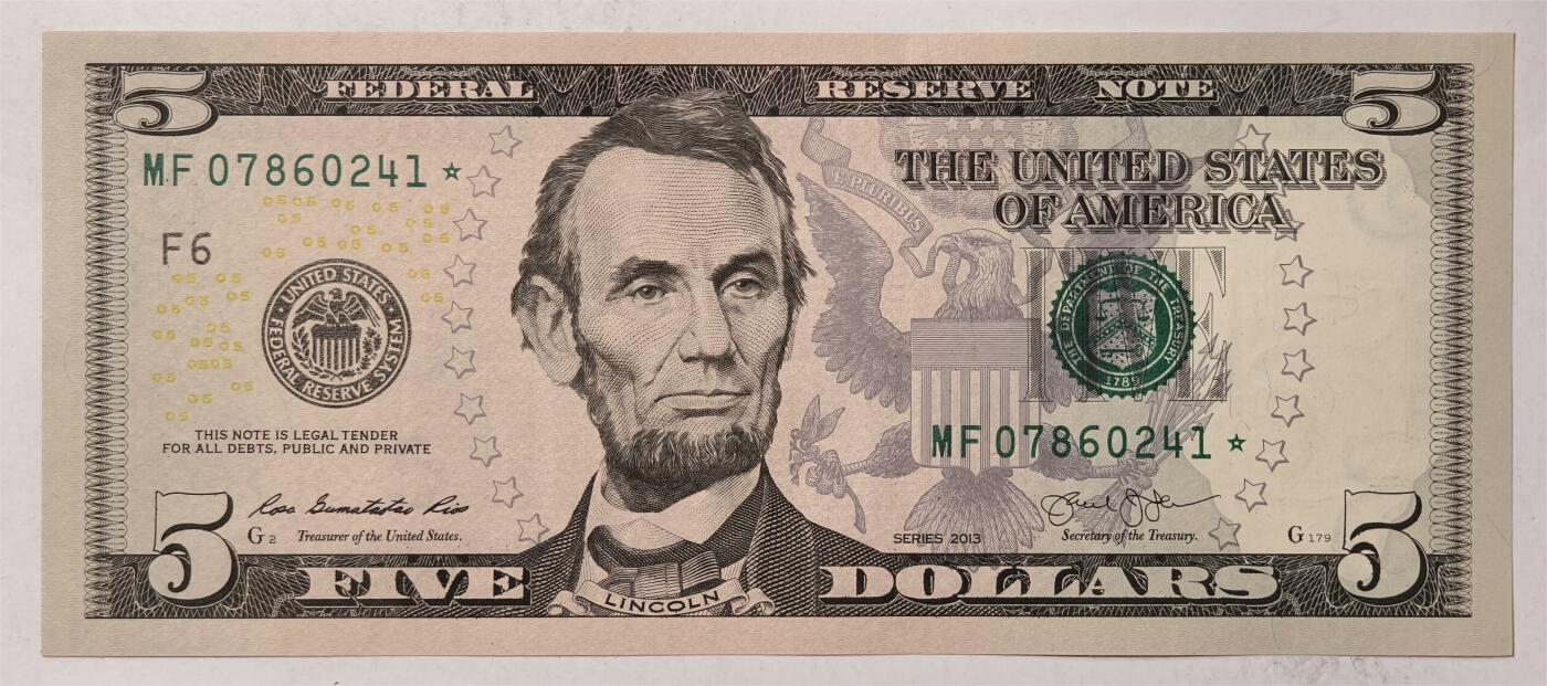紫瑗钱币——第347期拍卖——纸币场 【补号】美国 2013年 F版 无序列 亚伯拉罕.林肯 5美元 彩色版 UNC