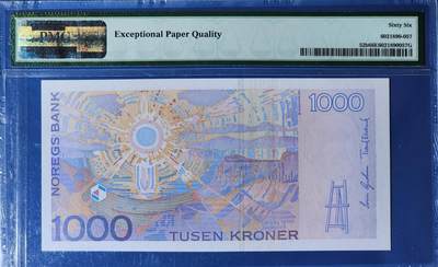 挪威 2004年 1000克朗 纸钞 稀少 豹子号 1203674888 PMG66分一张 如图 挪威 2004年 1000克朗 纸钞 稀少 豹子号 1203674888 PMG66分一张 如图