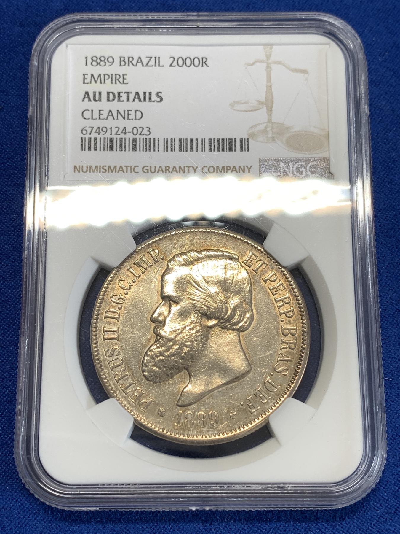 《竞宝斋》第268场- 周日，周一  2场连拍 （全场包邮） NGC AUD 巴西1889年佩德罗二世2000R银币