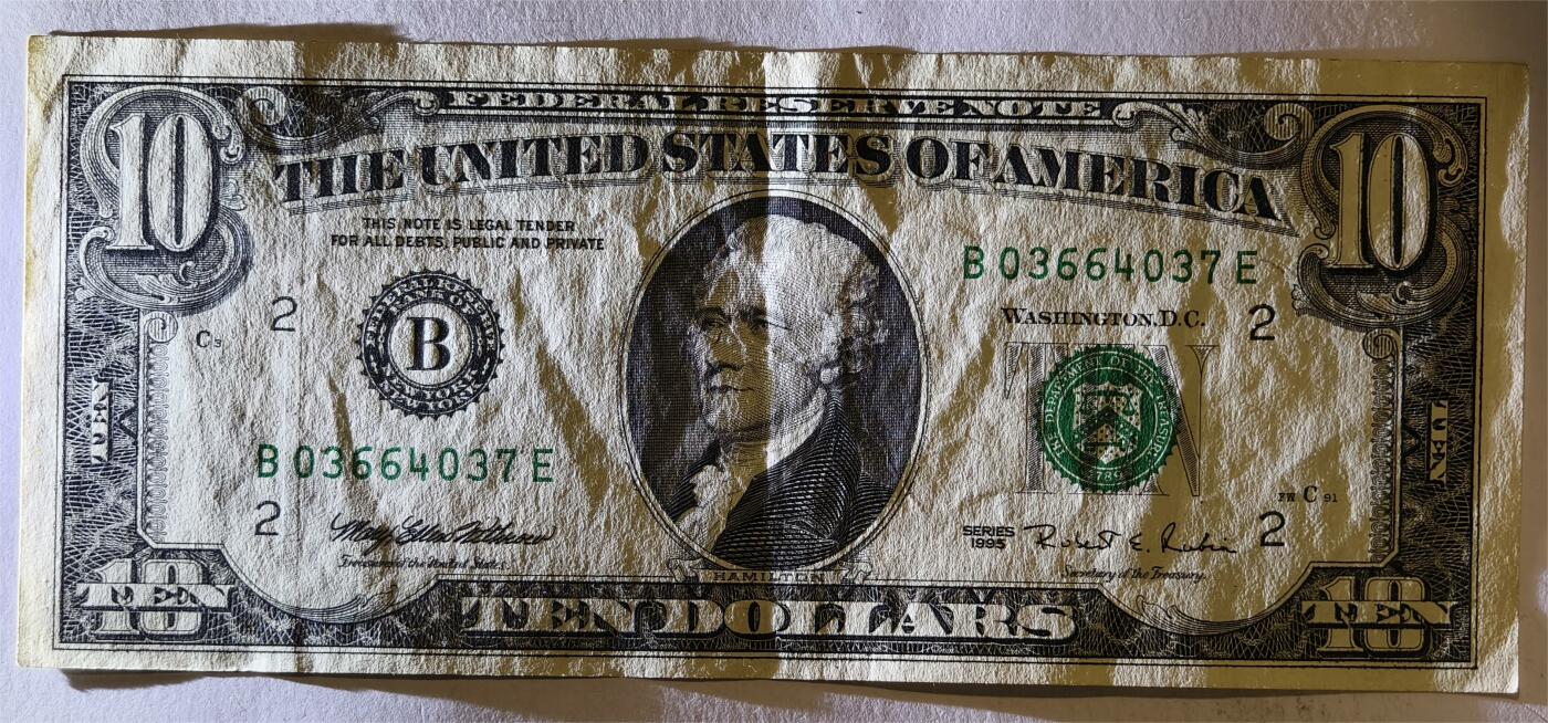 紫瑗钱币——第347期拍卖——纸币场 美国 1995年 B版 无序列 亚历山大.汉密尔顿 10美元 小头版 AU 有折