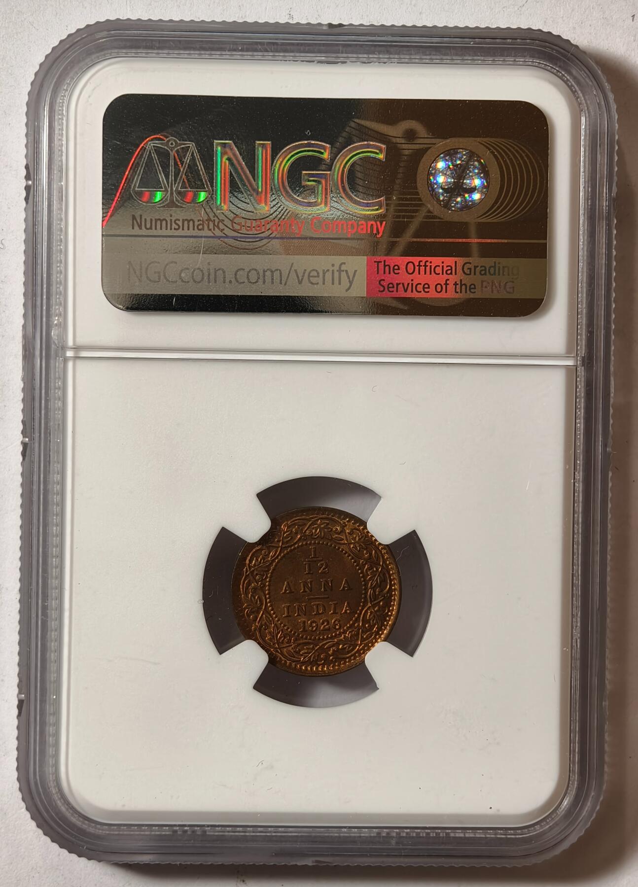 紫瑗钱币——第420期 英属印度 1926年 B版 乔治五世 1/12安娜 铜币 NGC MS65 RB