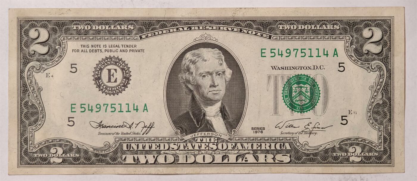 紫瑗钱币——第347期拍卖——纸币场 美国 1976年 E版 无序列  托马斯.杰斐逊 2美元 (有脏）