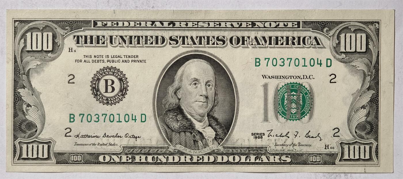 紫瑗钱币——第347期拍卖——纸币场 美国 1988年 H版 无序列 本杰明.富兰克林 100美元 小头版 UNC
