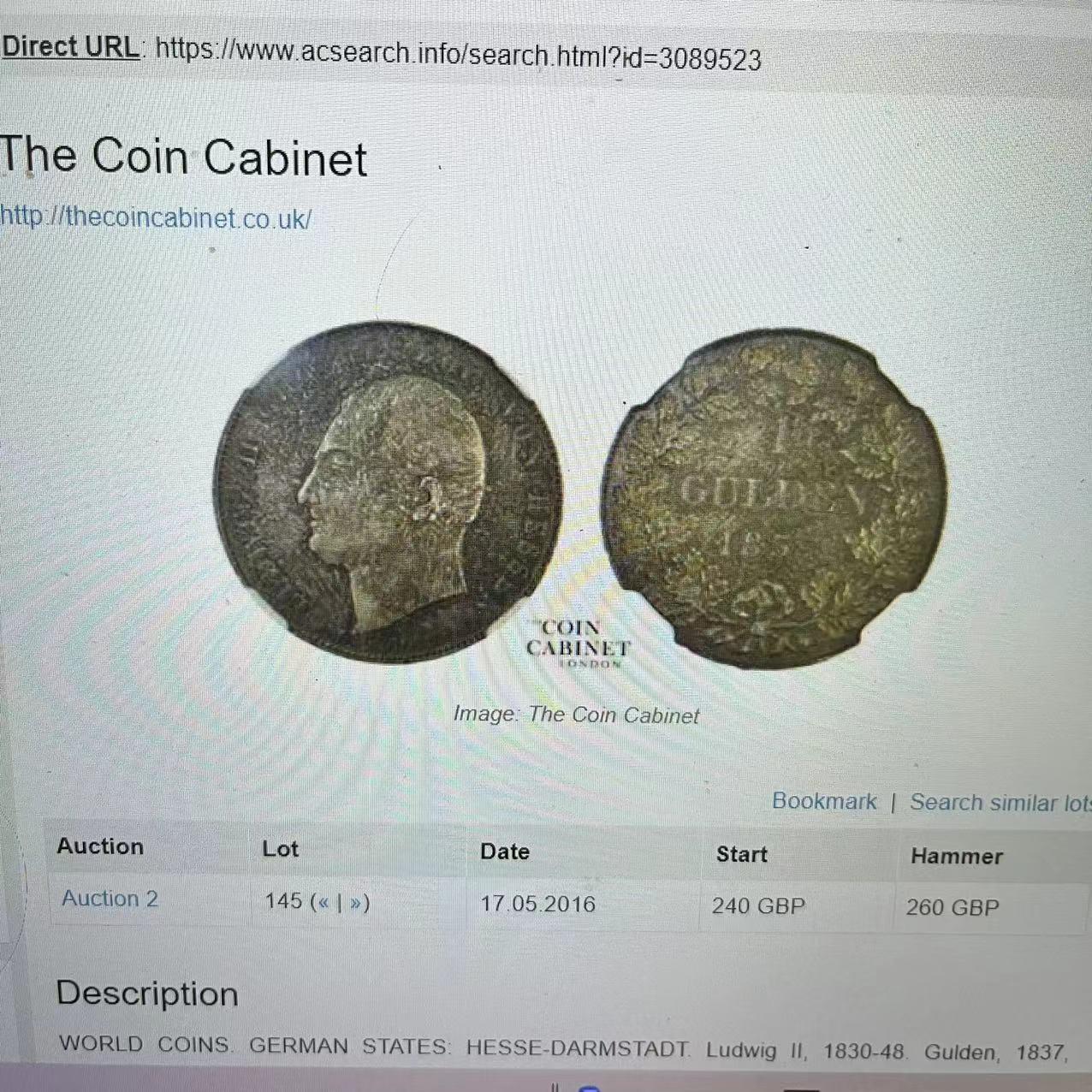 凡希社世界钱币微拍第二百六十八期 荐！1837黑森-达姆斯特路德维希二世古尔登银币NGC-MS62，相当稀少的邦国古尔登，N最高分，同分外拍成交近3K！！