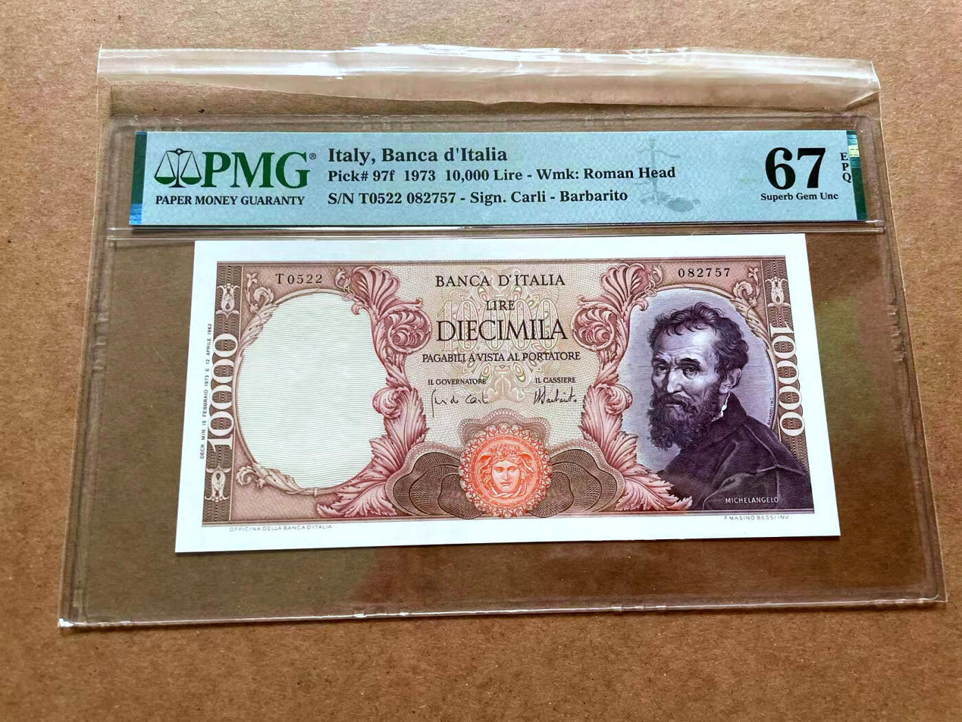 【Blue Auction】✨世界纸币精拍第475期【精】 意大利 1973年10000里拉 米开朗基罗 PMG67EPQ 高分 