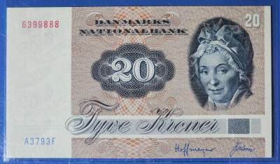 丹麦 1979-1988年 20克朗 纸钞 初版 豹子号 6399888 UNC一张 如图 - 丹麦 1979-1988年 20克朗 纸钞 初版 豹子号 6399888 UNC一张 如图