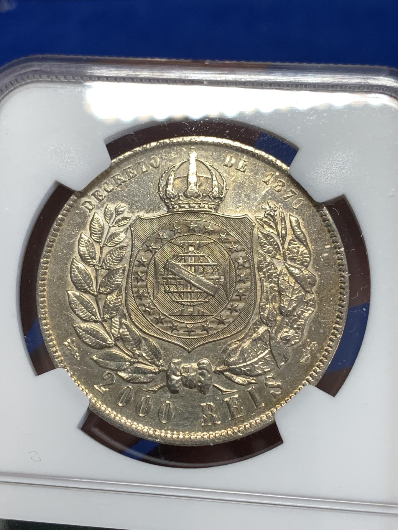 《竞宝斋》第268场- 周日，周一  2场连拍 （全场包邮） NGC AUD 巴西1889年佩德罗二世2000R银币