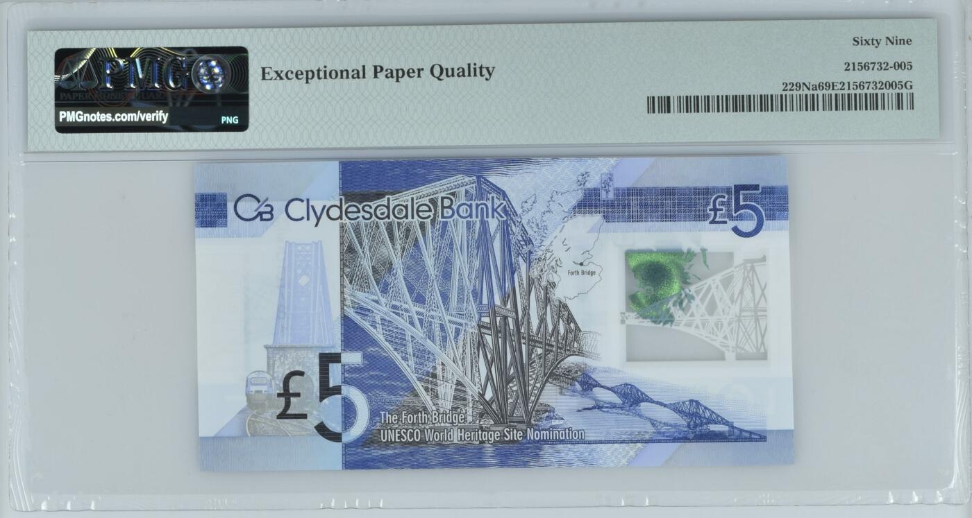 收藏联盟Quantum Auction 第345期拍卖  苏格兰克莱斯戴尔银行2015年5镑福斯大桥纪念钞 PMG69 号码无4