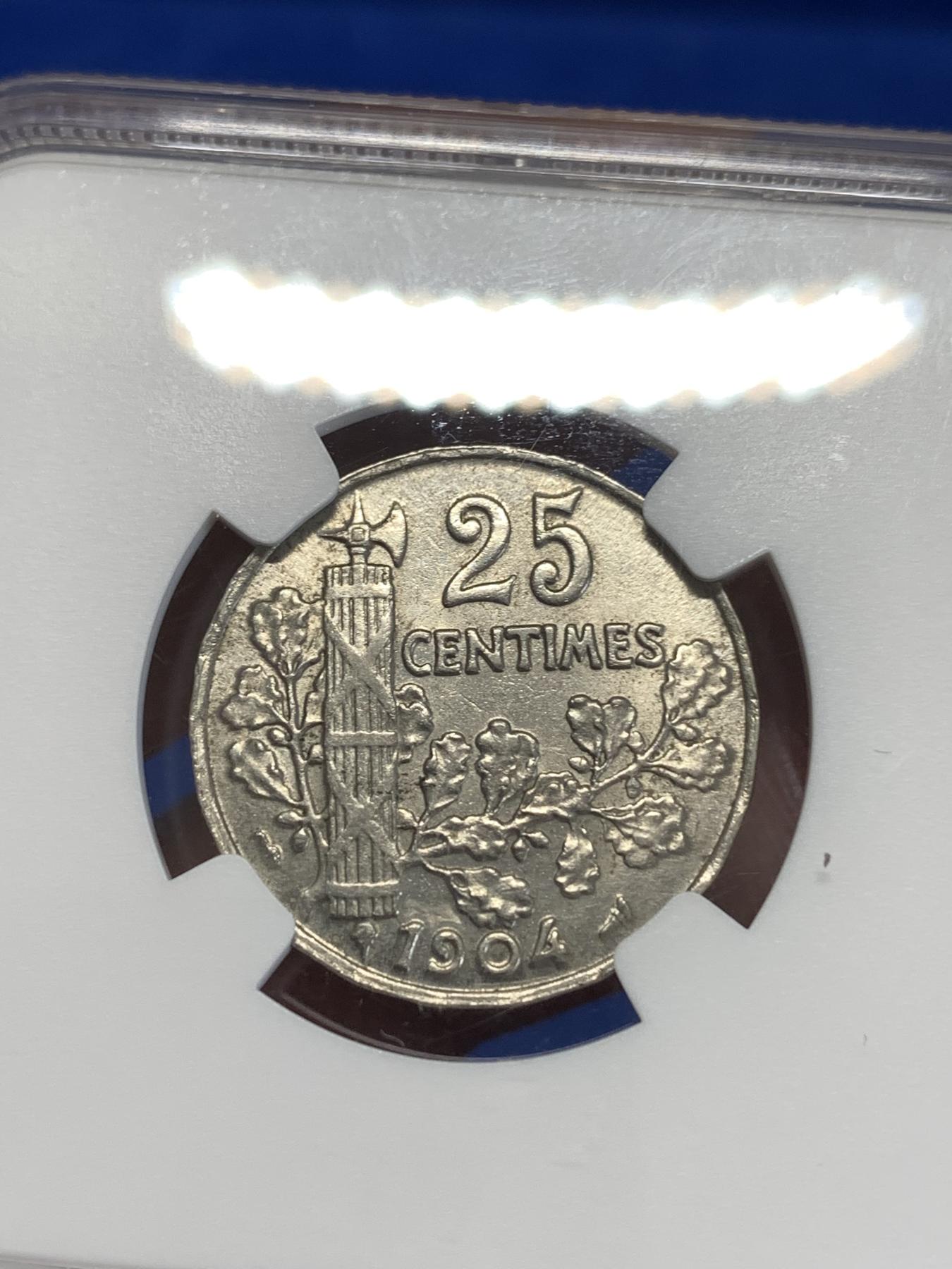 《竞宝斋》第268场- 周日，周一  2场连拍 （全场包邮） NGC AU58 法三共1904年25C镍币
