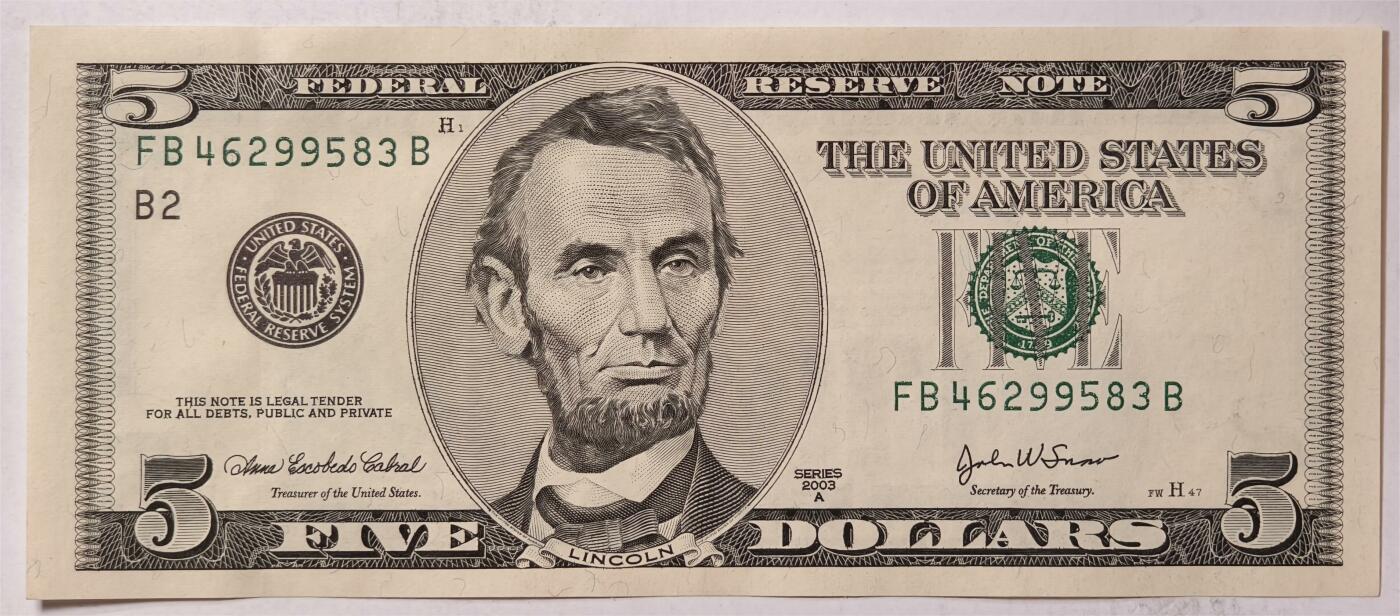 紫瑗钱币——第347期拍卖——纸币场 美国 2003年 B版 A序列 亚伯拉罕.林肯 5美元 大头版 UNC