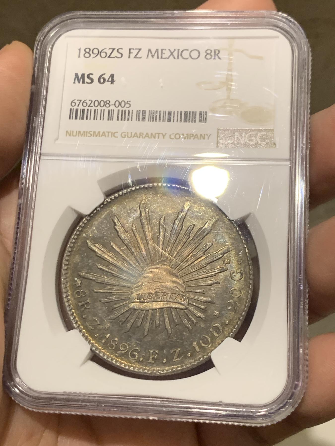 《竞宝斋》第268场- 周日，周一  2场连拍 （全场包邮） NGC MS64 墨西哥 1896 zs fz版 8R 花边鹰洋 深彩包浆 状态极好