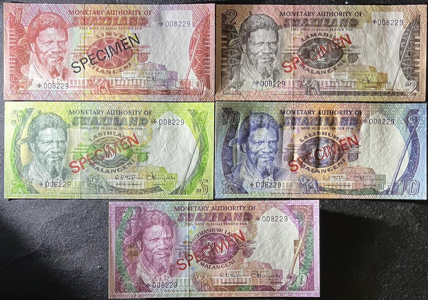 外国币专场240514第三场 斯威士兰，1990年1.2.5.10.20里兰吉尼，样钞，全同千位号008229，1.2.20紫外有微潮，UNC