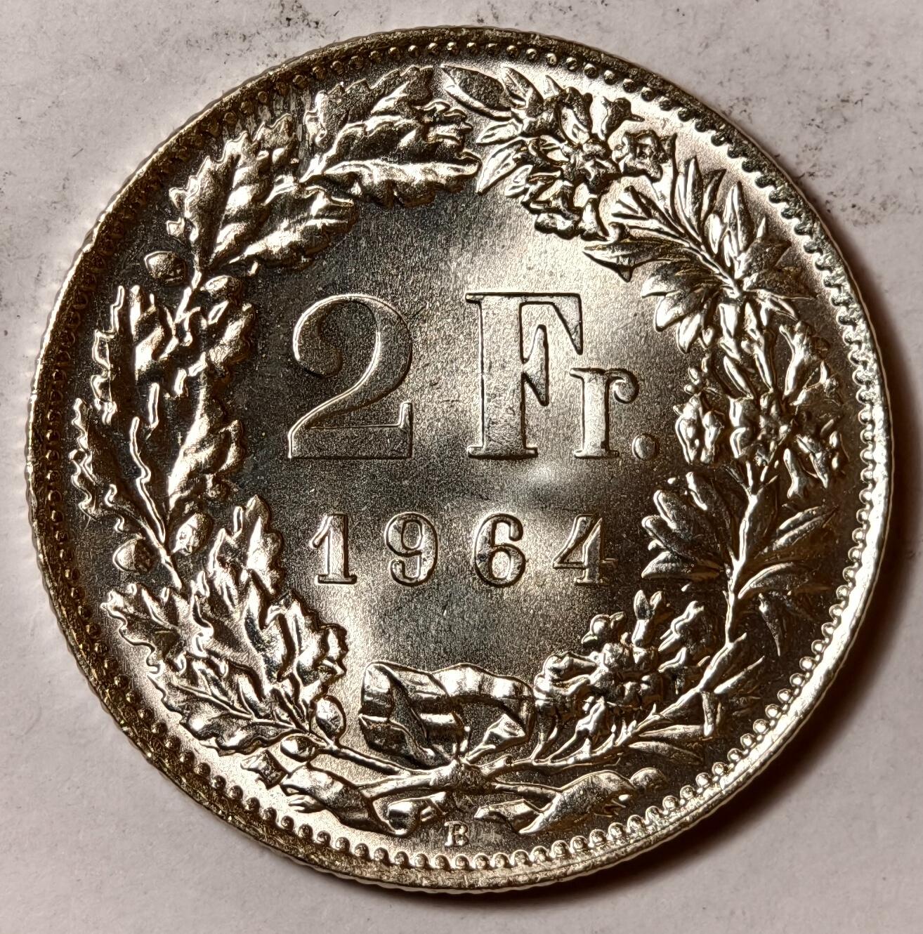 紫瑗钱币——第384期拍卖 瑞士 1964年 B版 法郎赫尔维蒂女神 2法郎 10克 0.835银 UNC 卷拆