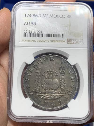 《竞宝斋》第268场- 周日，周一  2场连拍 （全场包邮） - NGC AU53 墨西哥 1749 地球双柱大银币 原味深包浆 中早期难得佳品