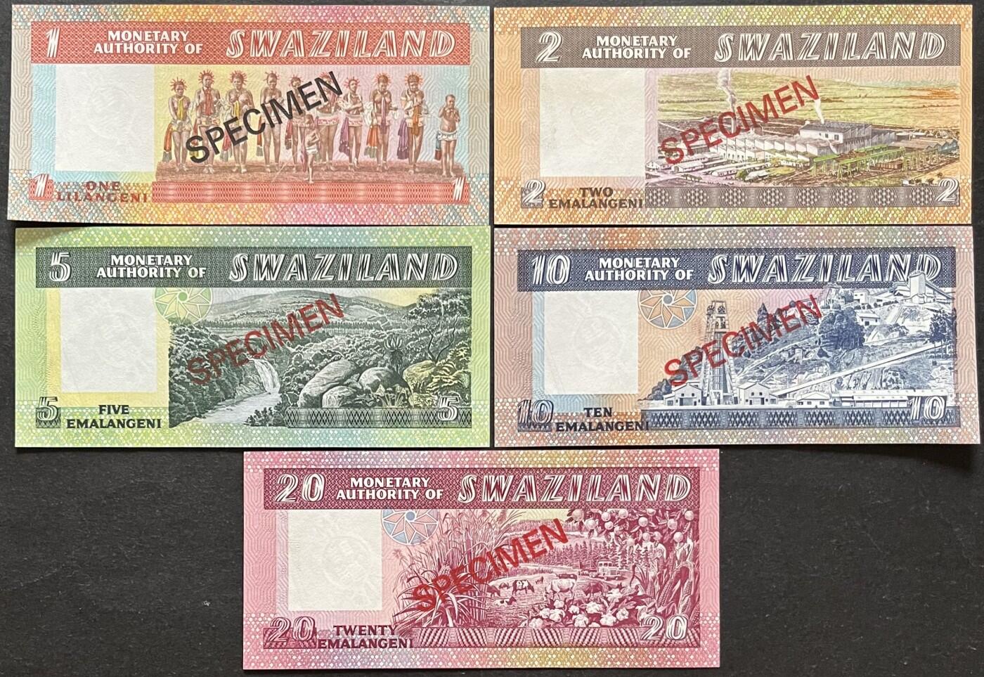 外国币专场240514第三场 斯威士兰，1990年1.2.5.10.20里兰吉尼，样钞，全同千位号008229，1.2.20紫外有微潮，UNC