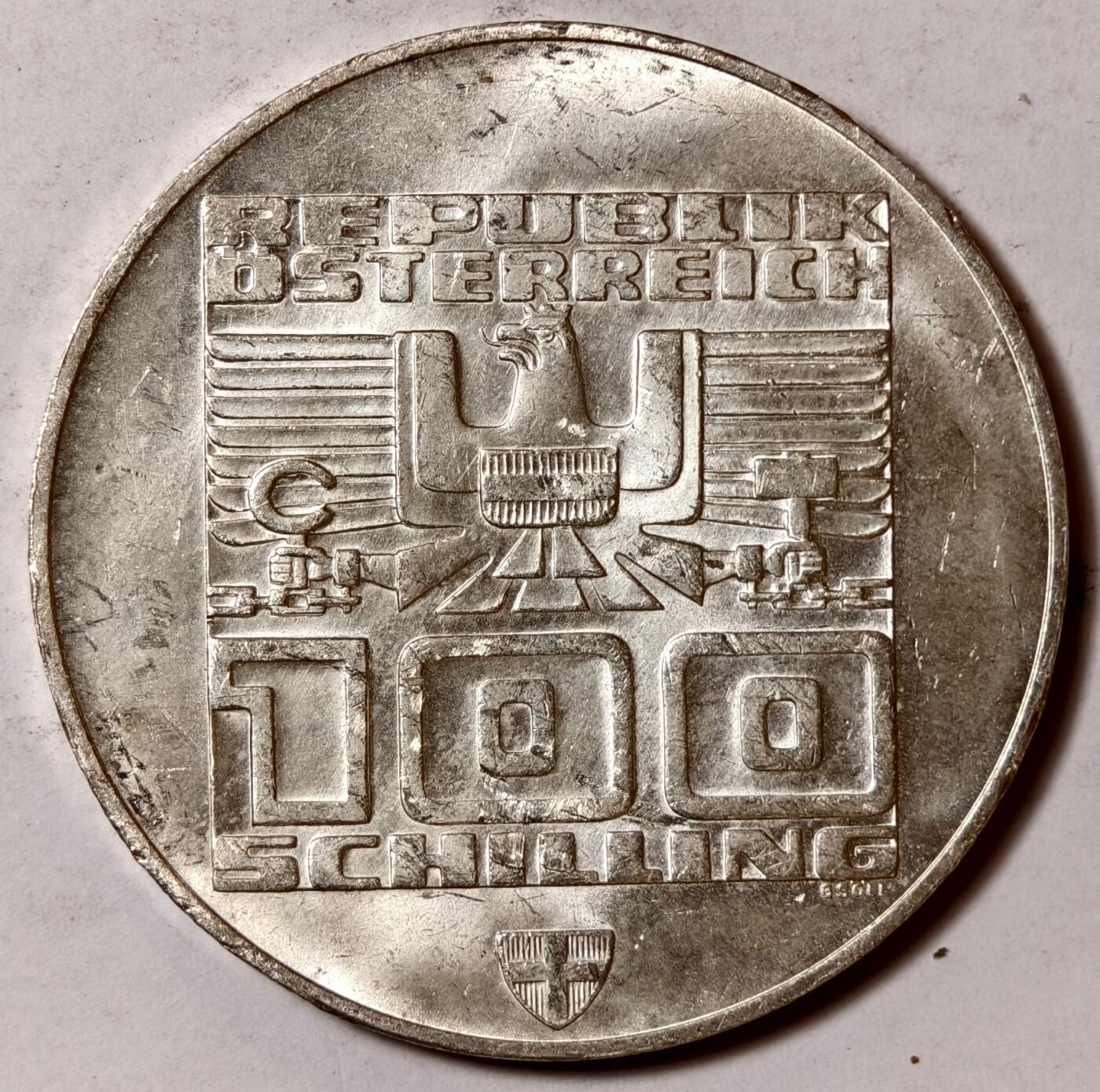 紫瑗钱币——第420期 奥地利 1976年 因斯布鲁克冬奥运 会标 100先令 24克 0.64银 UNC