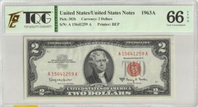 PThappally收藏第31次拍卖，英联邦地区硬币纸币 - US United States Notes 2$ 1963A Pick 382b, TQG 66 EPQD Gem UNC