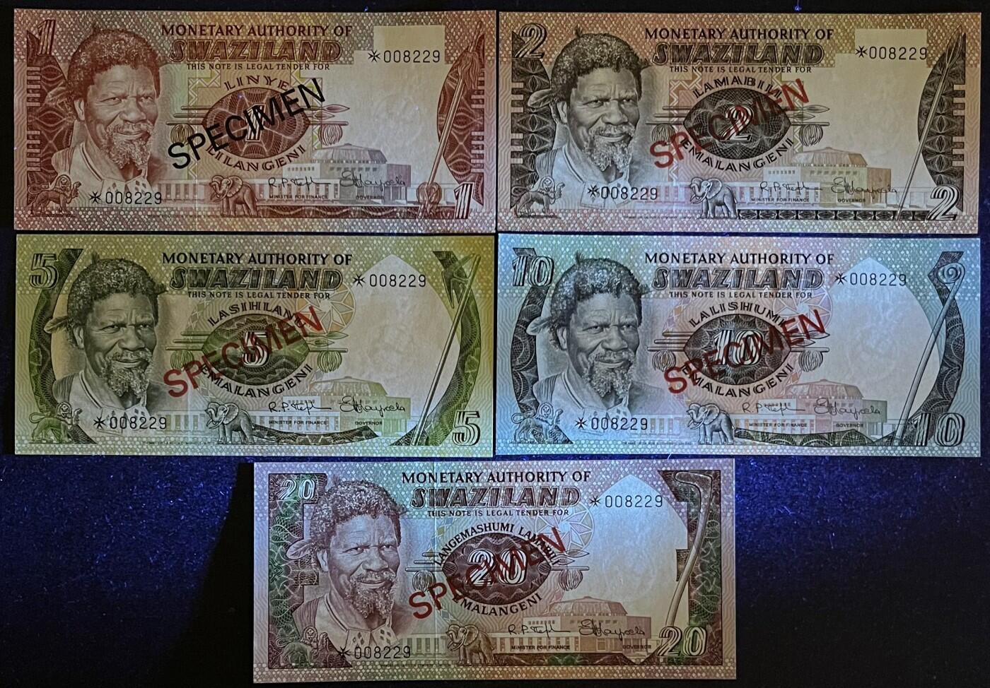 外国币专场240514第三场 斯威士兰，1990年1.2.5.10.20里兰吉尼，样钞，全同千位号008229，1.2.20紫外有微潮，UNC