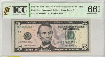 PThappally收藏第31次拍卖，英联邦地区硬币纸币 - US Federal Reserve Notes 5$ 2006 Pick 524, TQG 66 GEPQ Gem UNC