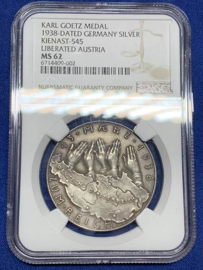 《竞宝斋》第268场- 周日，周一  2场连拍 （全场包邮） - NGC MS62 德国1938卡尔歌茨作品 帝国吞并奥地利银章 原味包浆 细节好 低评了