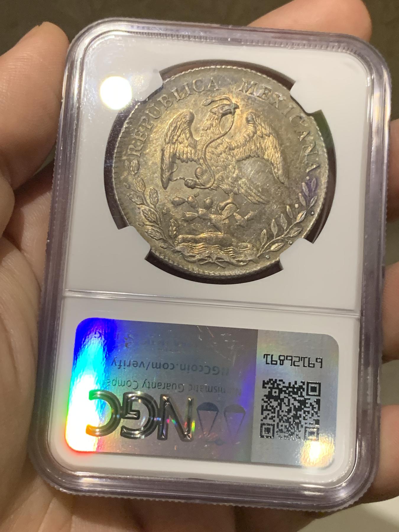 《竞宝斋》第268场- 周日，周一  2场连拍 （全场包邮） NGC MS64 墨西哥 1896 zs fz版 8R 花边鹰洋 深彩包浆 状态极好