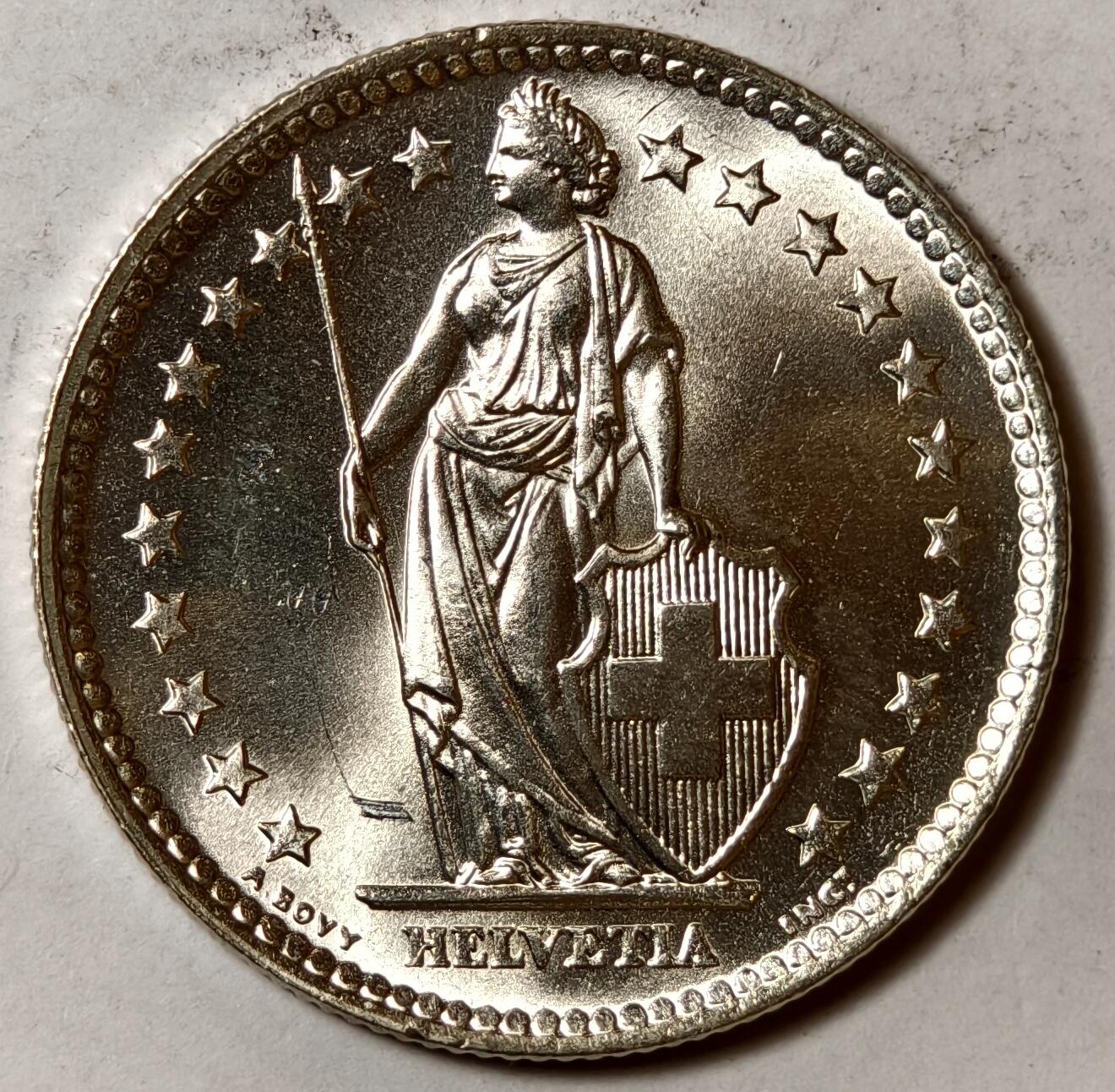 紫瑗钱币——第384期拍卖 瑞士 1964年 B版 法郎赫尔维蒂女神 2法郎 10克 0.835银 UNC 卷拆