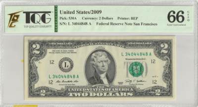 PThappally收藏第31次拍卖，英联邦地区硬币纸币 - US Federal Reserve Notes 2$ 2009 Pick 530A, TQG 66 GEPQ Gem UNC