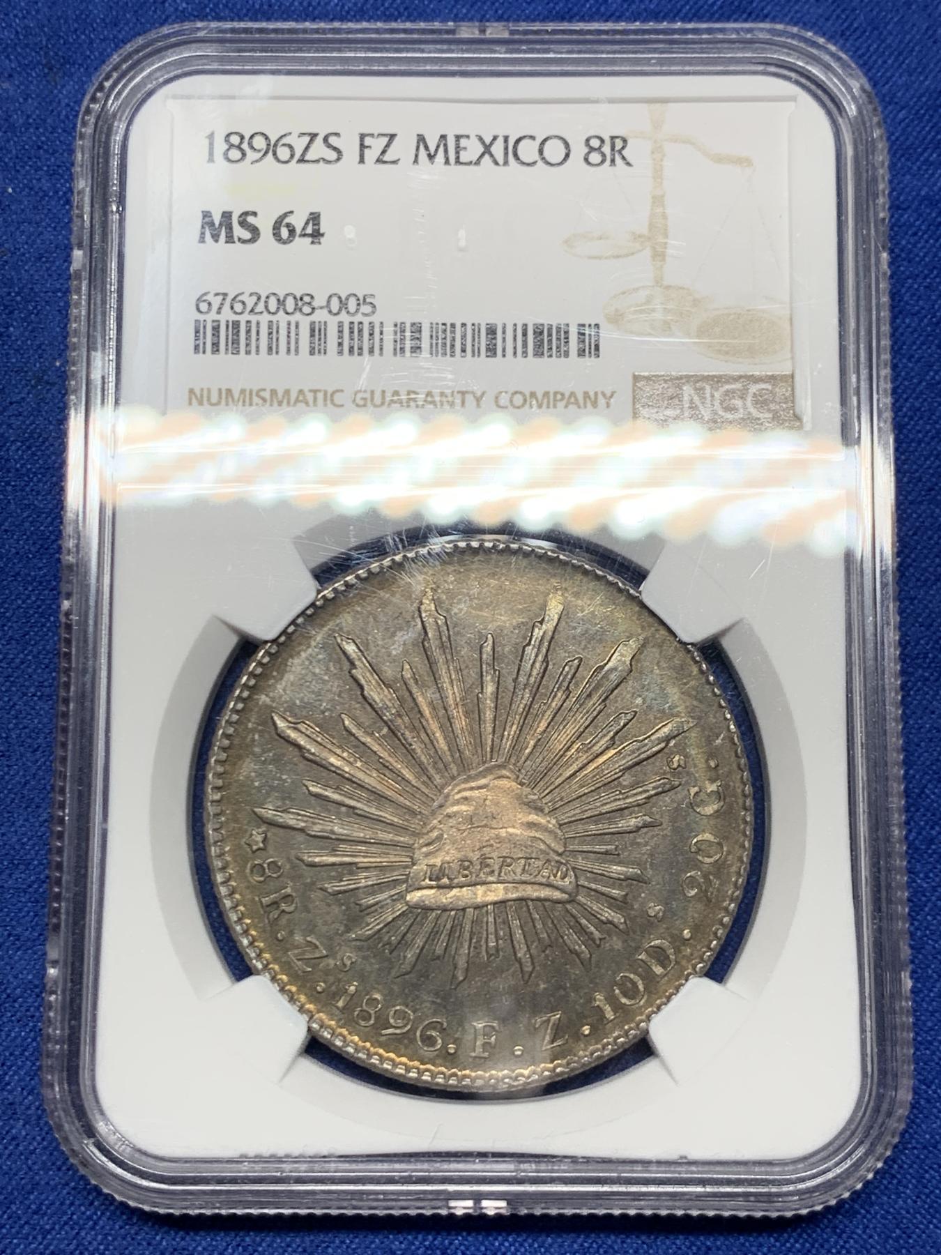 《竞宝斋》第268场- 周日，周一  2场连拍 （全场包邮） NGC MS64 墨西哥 1896 zs fz版 8R 花边鹰洋 深彩包浆 状态极好