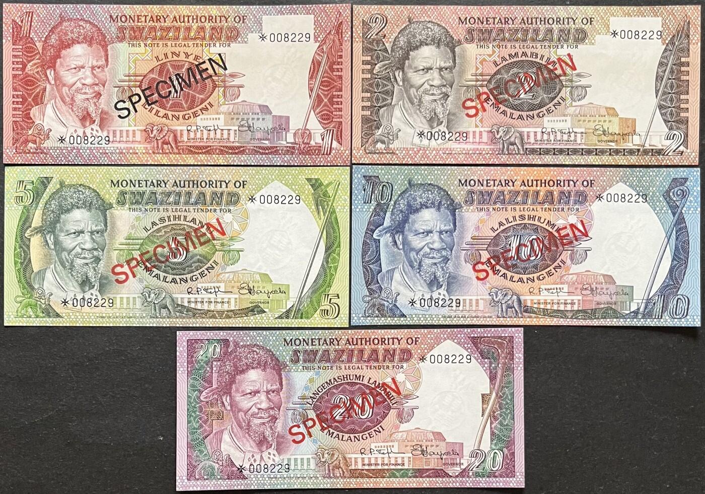 外国币专场240514第三场 斯威士兰，1990年1.2.5.10.20里兰吉尼，样钞，全同千位号008229，1.2.20紫外有微潮，UNC