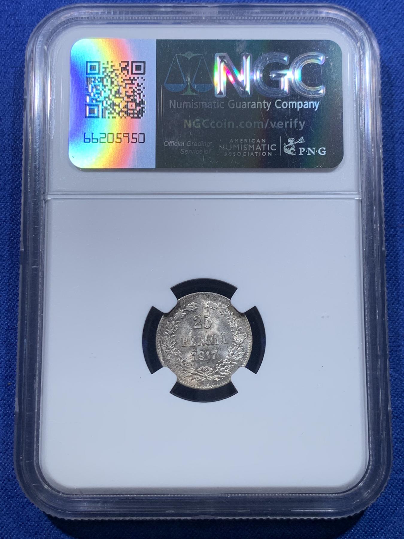 《竞宝斋》第268场- 周日，周一  2场连拍 （全场包邮） NGC MS65 俄属芬兰临时政府1917年25盆尼银币