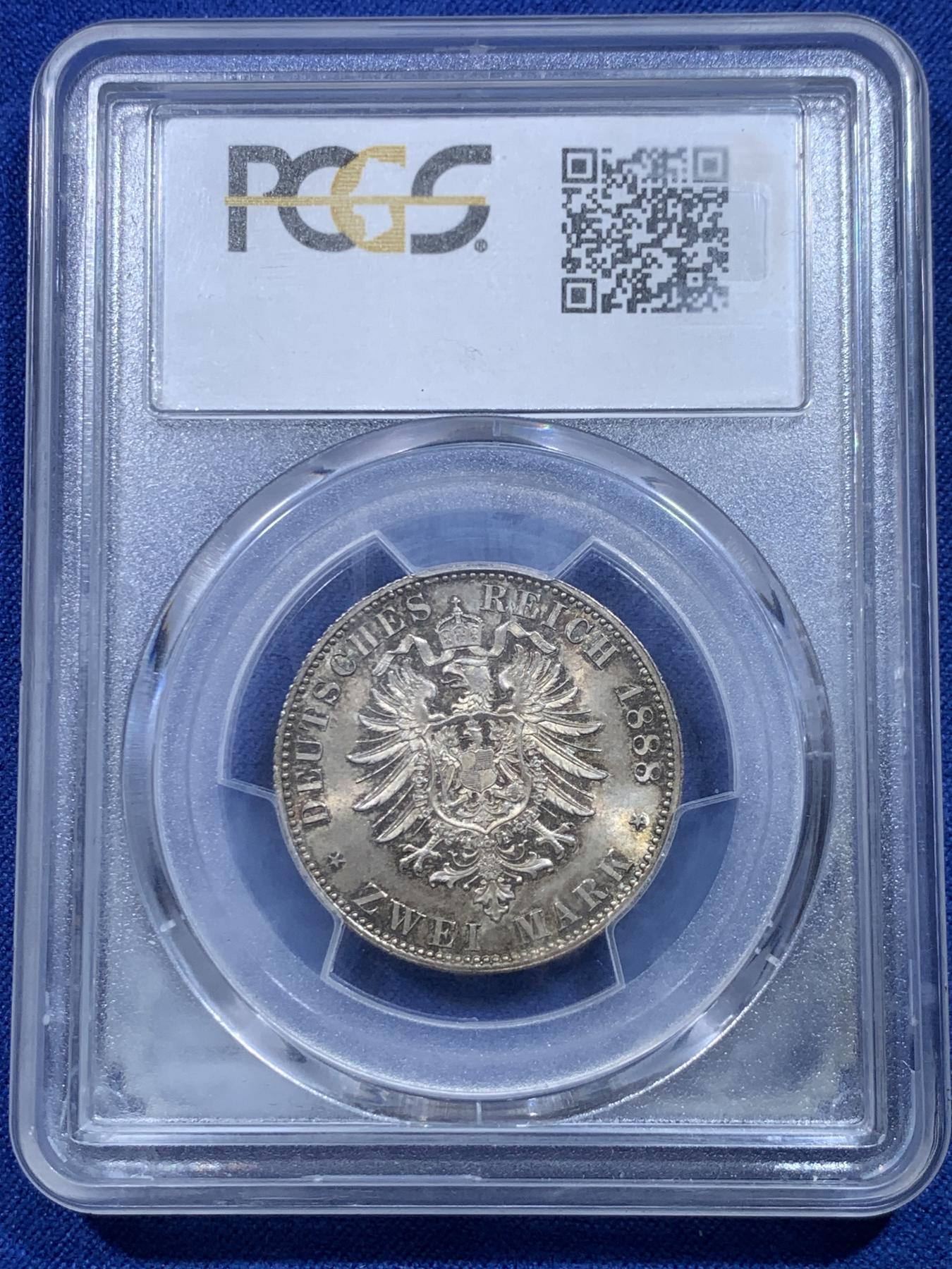 《竞宝斋》第268场- 周日，周一  2场连拍 （全场包邮） PCGS MS64 德国 1888年 普鲁士 弗里德里希皇帝 2马克银币 老包浆 盒子表面模糊了