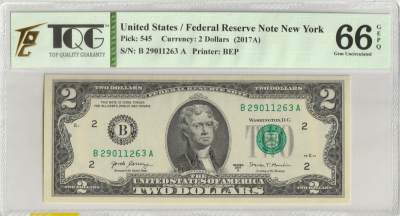 PThappally收藏第31次拍卖，英联邦地区硬币纸币 - US Federal Reserve Notes 2$ 2017A Pick 545, TQG 65 GEPQ Gem UNC