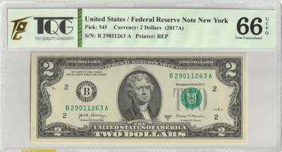 PThappally收藏第31次拍卖，英联邦地区硬币纸币 - US Federal Reserve Notes 2$ 2017A Pick 545, TQG 65 GEPQ Gem UNC
