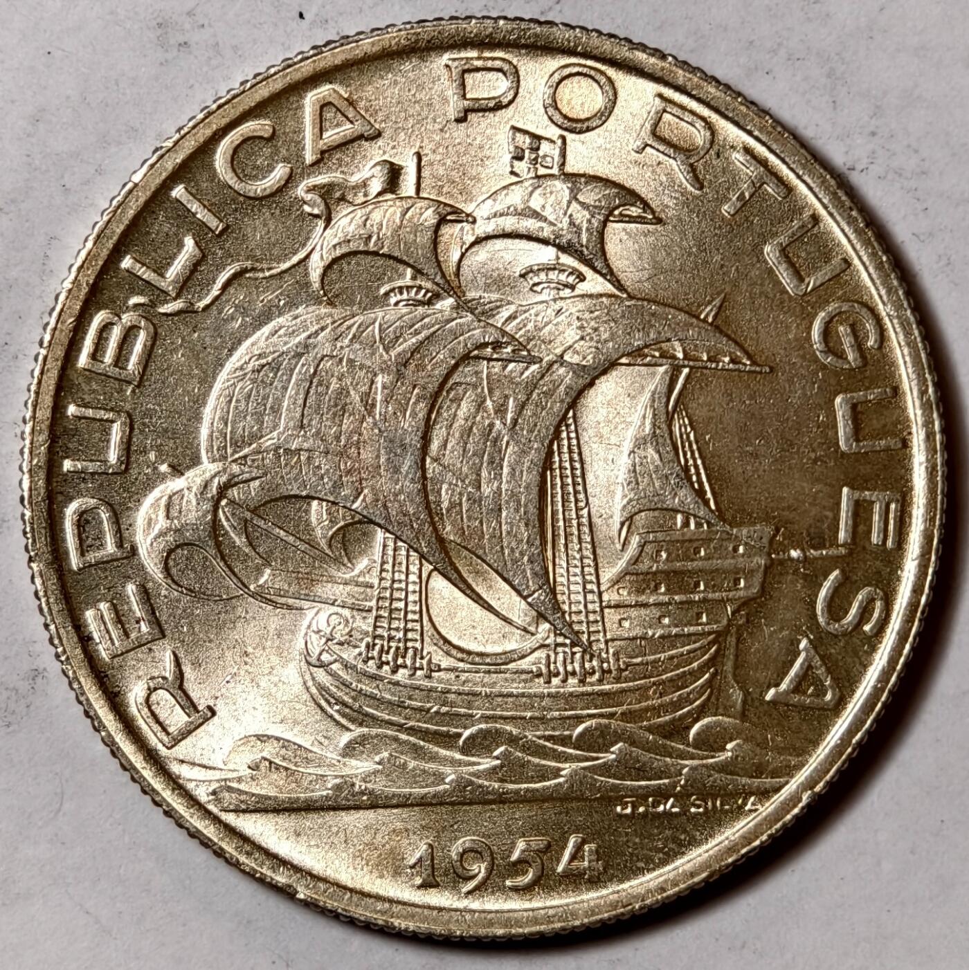 紫瑗钱币——第420期 葡萄牙 1954年 10埃斯库多 12.4克 0.835银 UNC