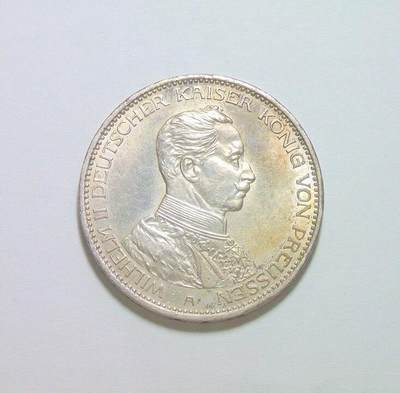 德国普鲁士1914年 威廉二世军装3马克银币 初铸带原光 - 德国普鲁士1914年 威廉二世军装3马克银币 初铸带原光