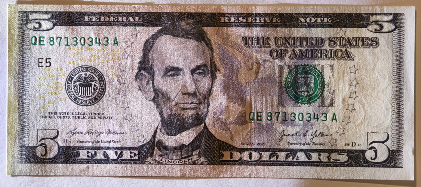 紫瑗钱币——第349期拍卖——纸币场 美国 2021年 E版 无序列 亚伯拉罕·林肯 5美元 彩色版 UNC