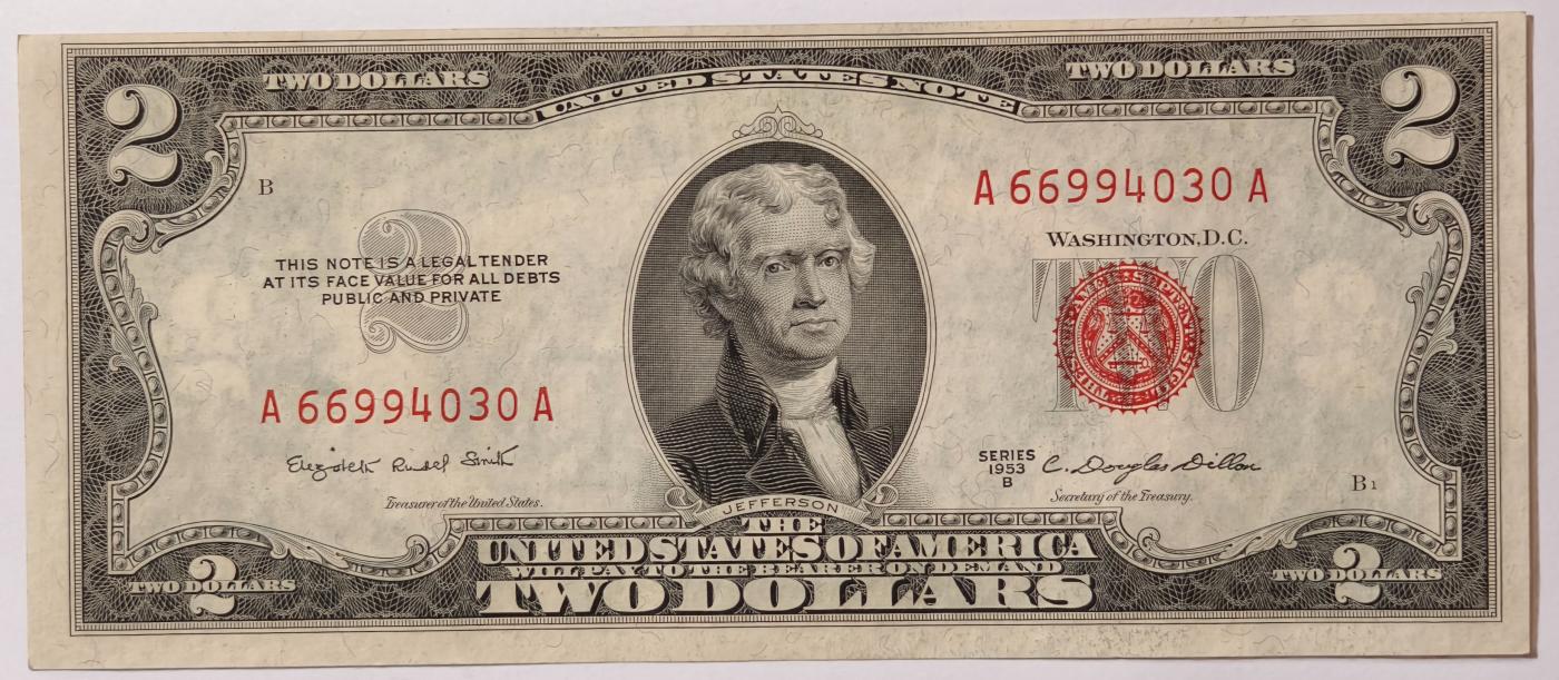紫瑗钱币——第349期拍卖——纸币场 美国 1953年 B序列 托马斯·杰斐逊 2美元 红印 政府券 UNC-