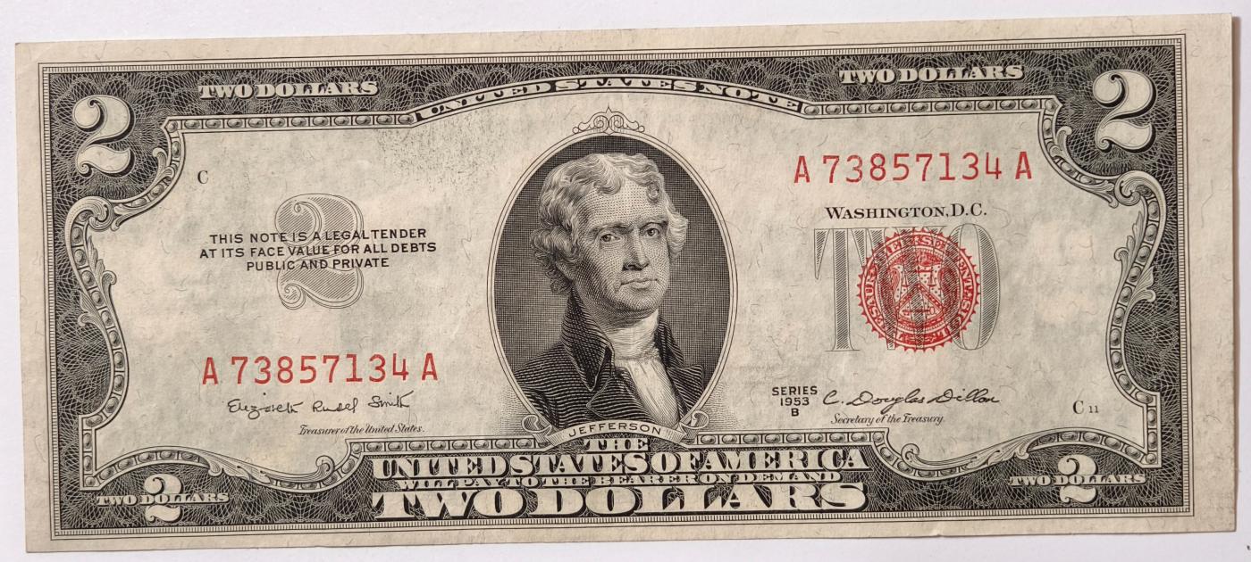 紫瑗钱币——第349期拍卖——纸币场 美国 1953年 B序列 托马斯·杰斐逊 2美元 红印 政府券 AU