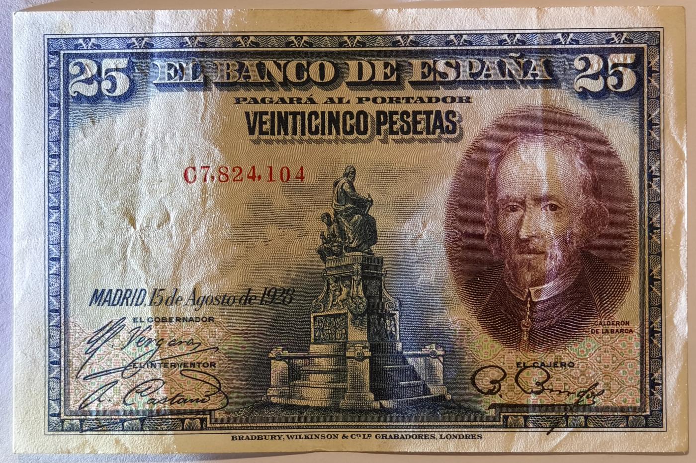紫瑗钱币——第377期拍卖——纸币场 西班牙 1928年 卡尔德隆 25比塞塔 AU