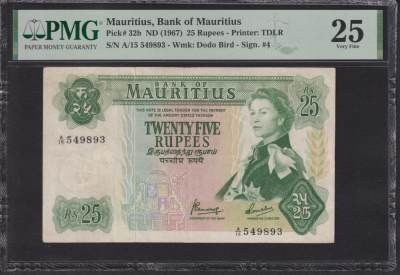博彦收藏钱币专场 - 英属毛里求斯 1967年 女皇军装25卢比 PMG 25