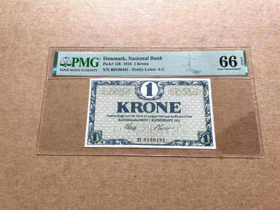 【Blue Auction】✨世界纸币精拍第476期【精】 - 丹麦 早期 1916年1克朗 PMG66EPQ 