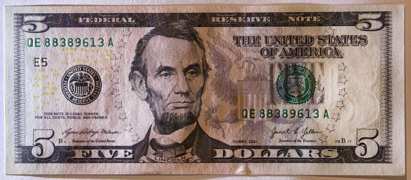 紫瑗钱币——第349期拍卖——纸币场 美国 2021年 E版 无序列 亚伯拉罕·林肯 5美元 彩色版 UNC