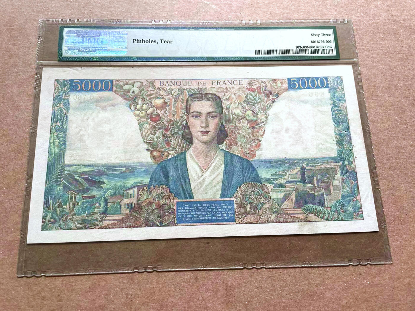 【Blue Auction】✨世界纸币精拍第476期【精】 【倒置号】法国 1945年5000法郎 PMG63NET 经典大团结