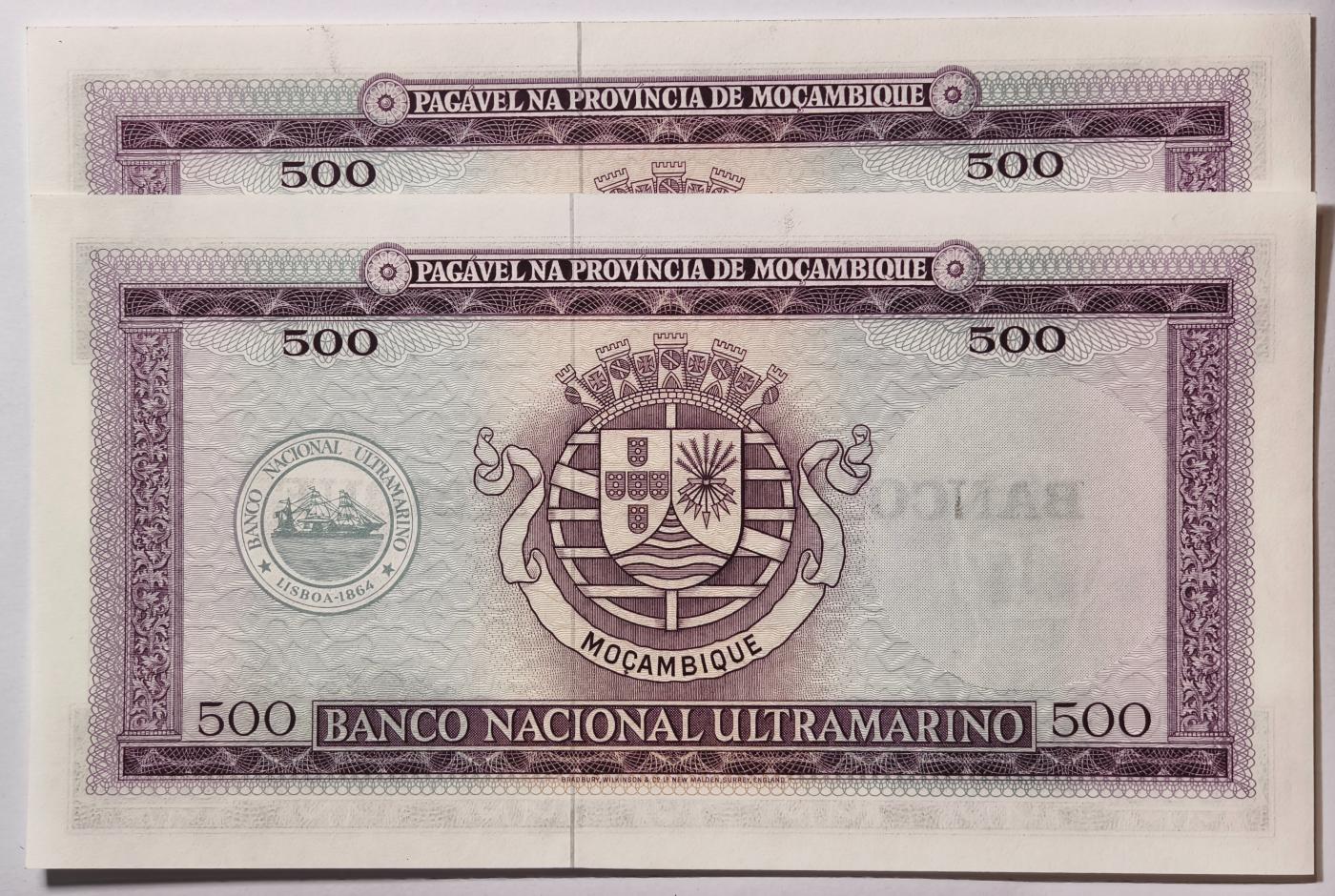 紫瑗钱币——第349期拍卖——纸币场 葡属莫桑比克 1967年 500埃斯库多 加盖 2张一组 UNC