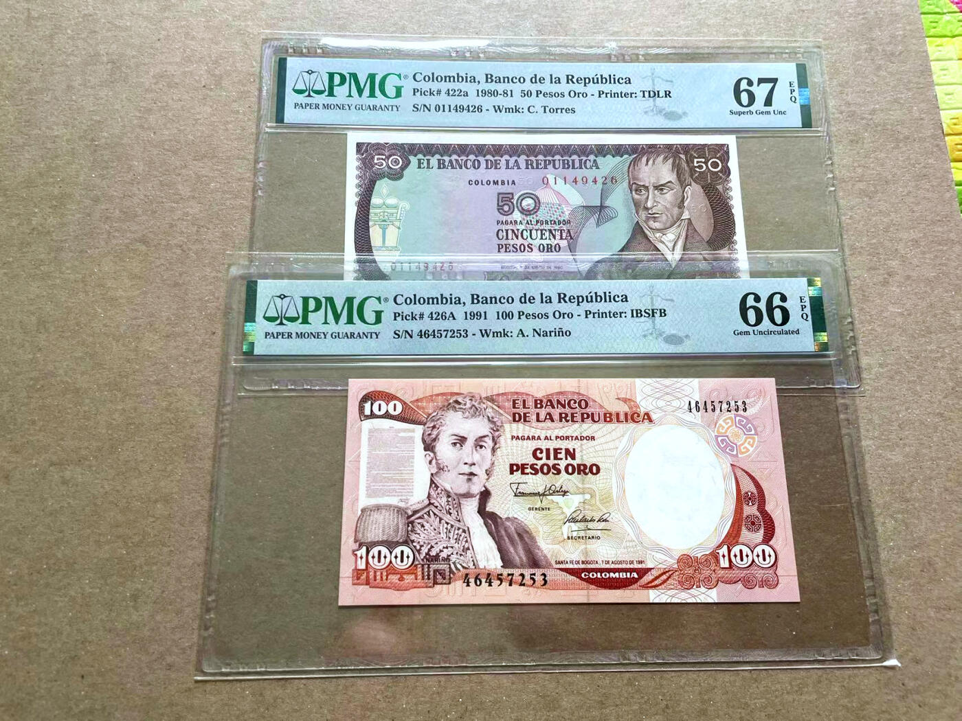 【Blue Auction】✨世界纸币精拍第476期【精】 【一组2张】哥伦比亚 1980-91年50-100比索 PMG67EPQ-66EPQ 