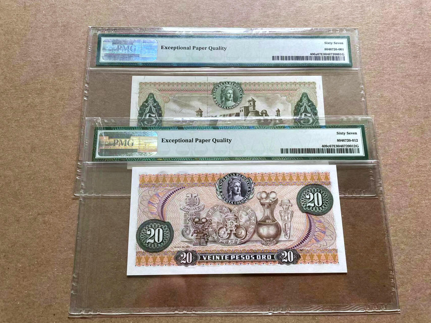 【Blue Auction】✨世界纸币精拍第476期【精】 【一组2张】哥伦比亚 1961-77年5-20比索 PMG67EPQ 